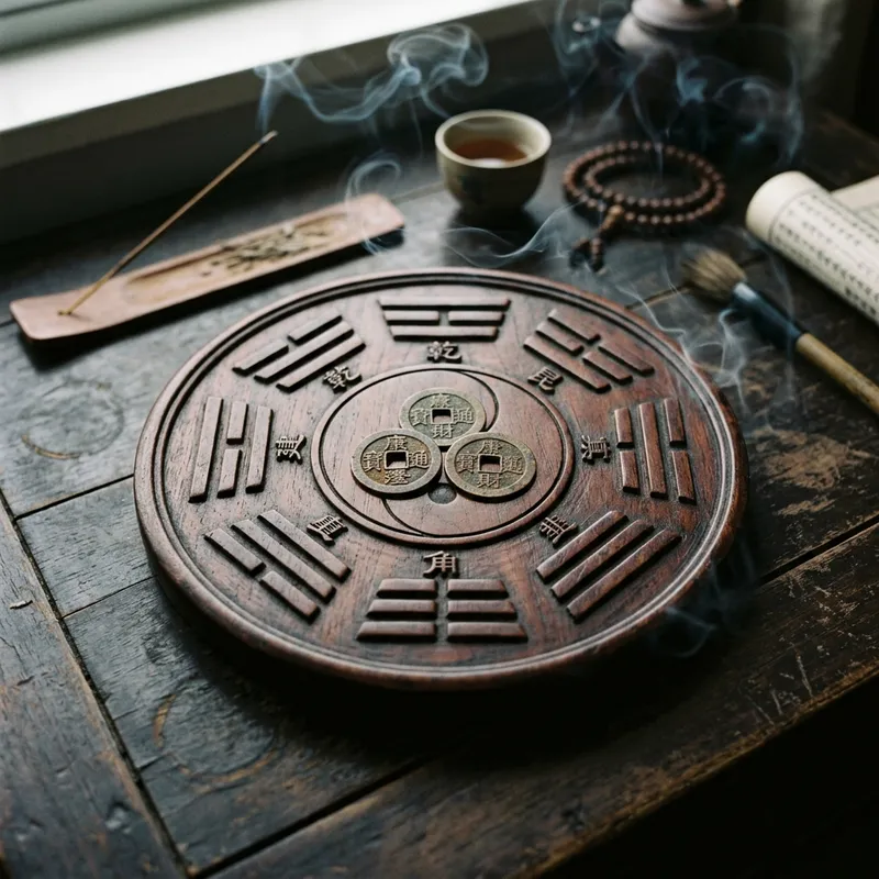 Đĩa bát quái bằng gỗ hương cổ kính với ba đồng xu cổ đặt ở giữa dưới làn khói trầm