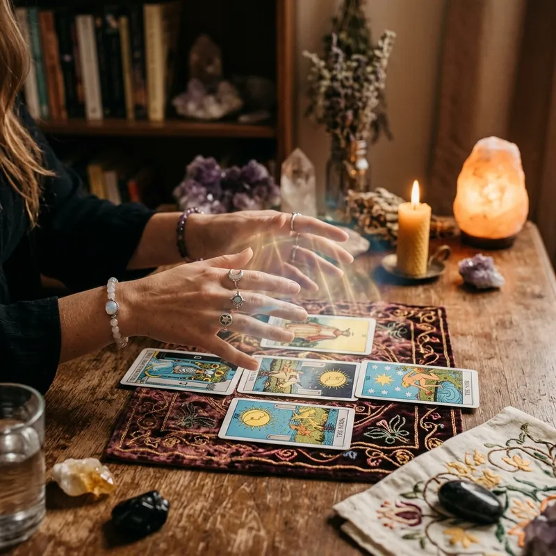 Đôi bàn tay đang xáo bài Tarot một cách nhẹ nhàng thư thái để kết nối trực giác