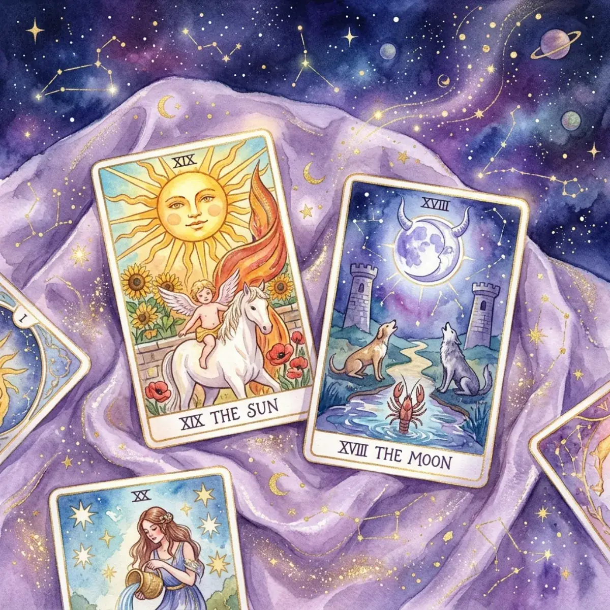 Các lá bài Ẩn Chính Tarot như The Sun, The Moon được bày trí nghệ thuật trên thảm nhung đen