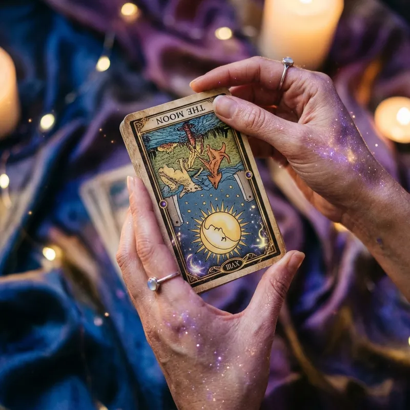 Một lá bài Tarot đang được lật ngược trên nền lụa tím oải hương mềm mại