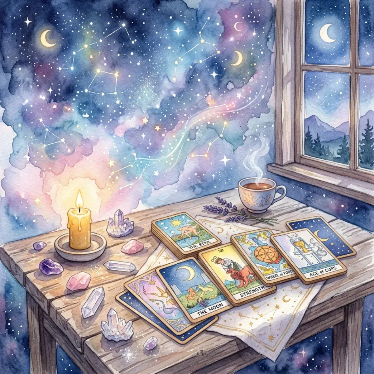 Bàn trà Tarot ấm cúng với nến thơm, đá thạch anh và bộ bài Rider-Waite-Smith được xếp sẵn