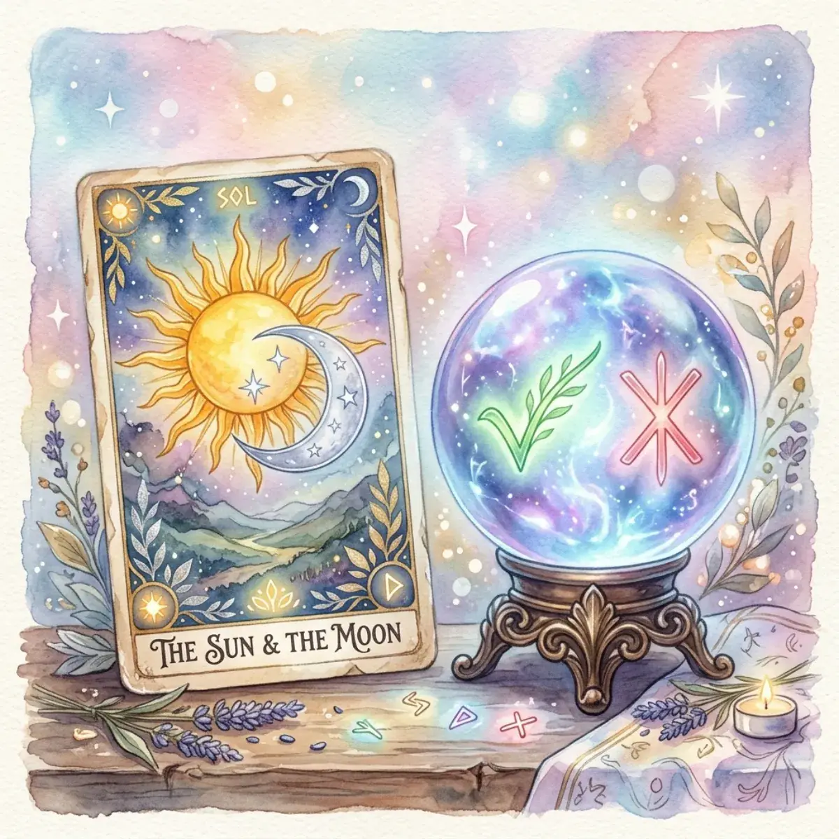 Một đồng xu cổ và các lá bài Tarot xếp đối xứng biểu thị cho sự lựa chọn đúng hoặc sai