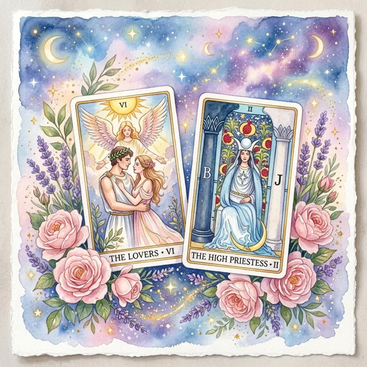 Hai lá bài Tarot kinh điển về tình yêu là The Lovers và Two of Cups đặt cạnh những cánh hoa hồng khô