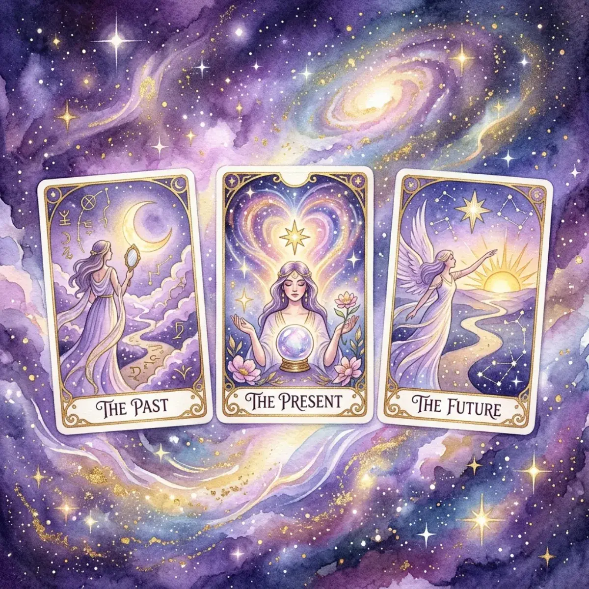 Ba lá bài Tarot được trải ngay ngắn trên mặt bàn gỗ tối màu, đại diện cho Quá khứ, Hiện tại và Tương lai